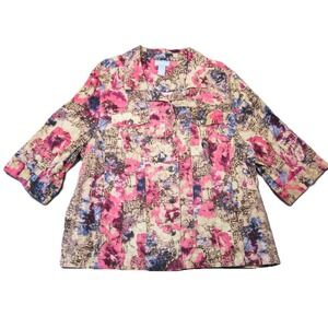 Liz & Me Shirt Jacket Women 1X Pink Tan Blue Floral Linen 3/4 Sleeve Casual Boho